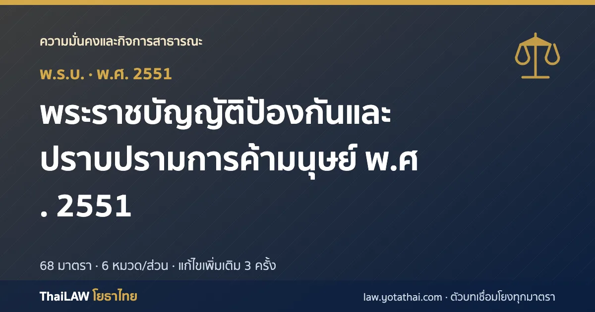 ปกกฎหมาย: พระราชบัญญัติป้องกันและปราบปรามการค้ามนุษย์ พ.ศ. 2551 — พระราชบัญญัติ 68 มาตรา