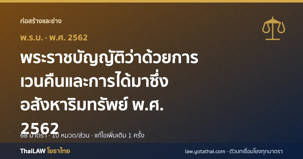 ปกกฎหมาย: พระราชบัญญัติว่าด้วยการเวนคืนและการได้มาซึ่งอสังหาริมทรัพย์ พ.ศ. 2562 — พระราชบัญญัติ 68 มาตรา