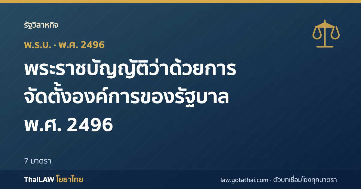 ปกกฎหมาย: พระราชบัญญัติว่าด้วยการจัดตั้งองค์การของรัฐบาล พ.ศ. 2496 — พระราชบัญญัติ 7 มาตรา