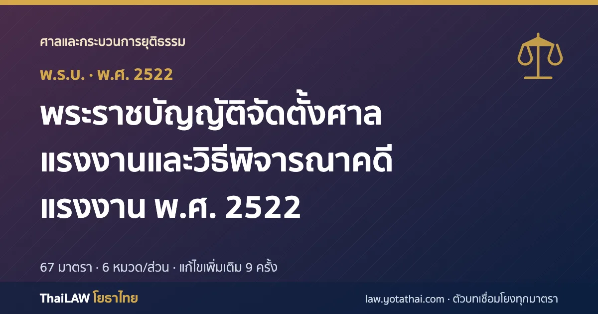 ปกกฎหมาย: พระราชบัญญัติจัดตั้งศาลแรงงานและวิธีพิจารณาคดีแรงงาน พ.ศ. 2522 — พระราชบัญญัติ 67 มาตรา