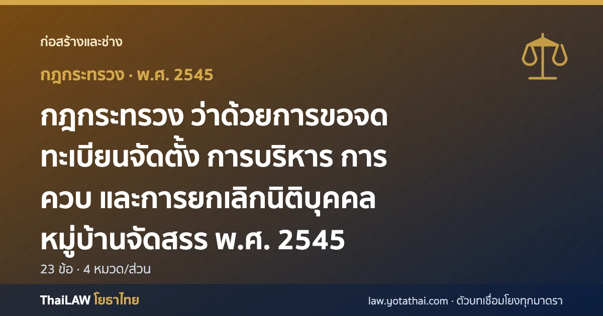 ปกกฎหมาย: กฎกระทรวง ว่าด้วยการขอจดทะเบียนจัดตั้ง การบริหาร การควบ และการยกเลิกนิติบุคคลหมู่บ้านจัดสรร พ.ศ. 2545 — กฎกระทรวง 23 ข้อ