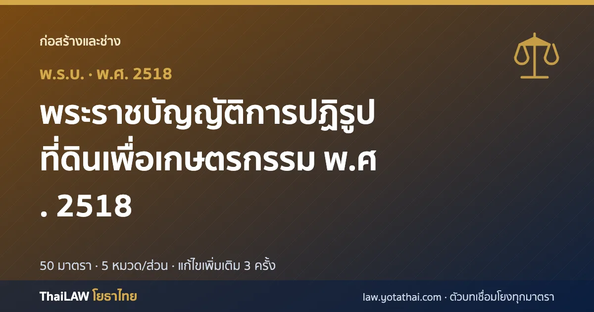 ปกกฎหมาย: พระราชบัญญัติการปฏิรูปที่ดินเพื่อเกษตรกรรม พ.ศ. 2518 — พระราชบัญญัติ 50 มาตรา