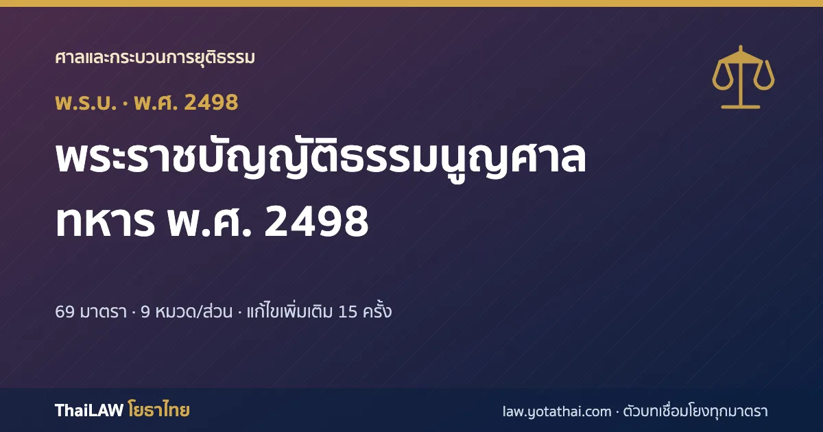 ปกกฎหมาย: พระราชบัญญัติธรรมนูญศาลทหาร พ.ศ. 2498 — พระราชบัญญัติ 69 มาตรา