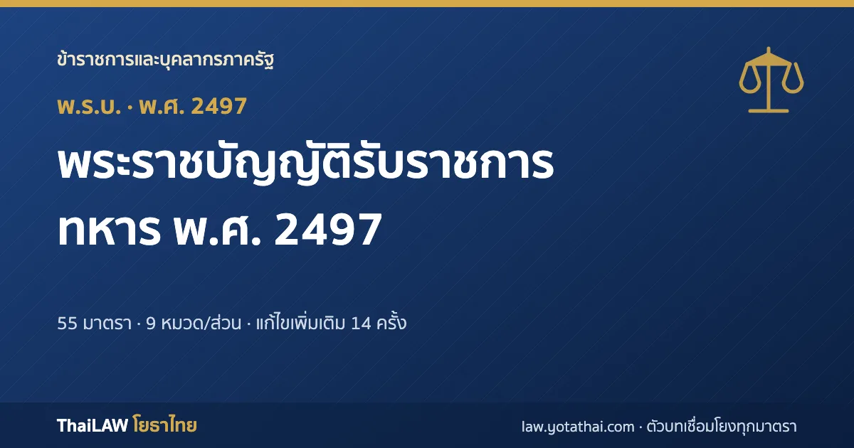 ปกกฎหมาย: พระราชบัญญัติรับราชการทหาร พ.ศ. 2497 — พระราชบัญญัติ 55 มาตรา