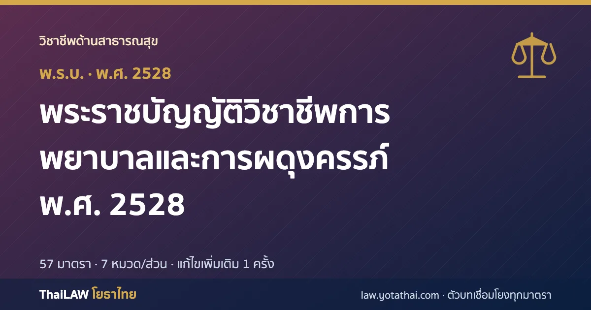 ปกกฎหมาย: พระราชบัญญัติวิชาชีพการพยาบาลและการผดุงครรภ์ พ.ศ. 2528 — พระราชบัญญัติ 57 มาตรา