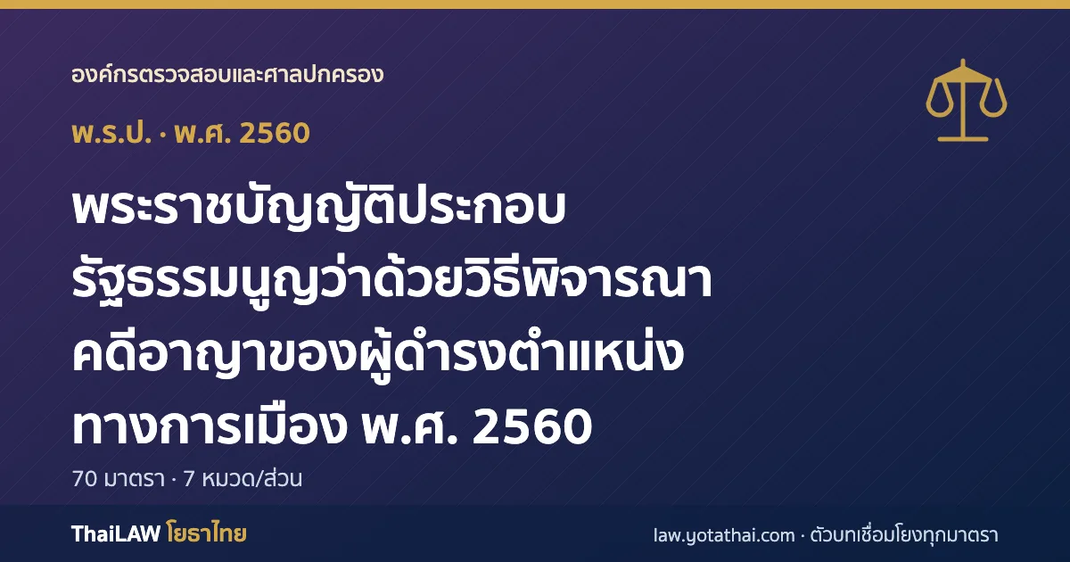 ปกกฎหมาย: พระราชบัญญัติประกอบรัฐธรรมนูญว่าด้วยวิธีพิจารณาคดีอาญาของผู้ดำรงตำแหน่งทางการเมือง พ.ศ. 2560 — พระราชบัญญัติประกอบรัฐธรรมนูญ 70 มาตรา