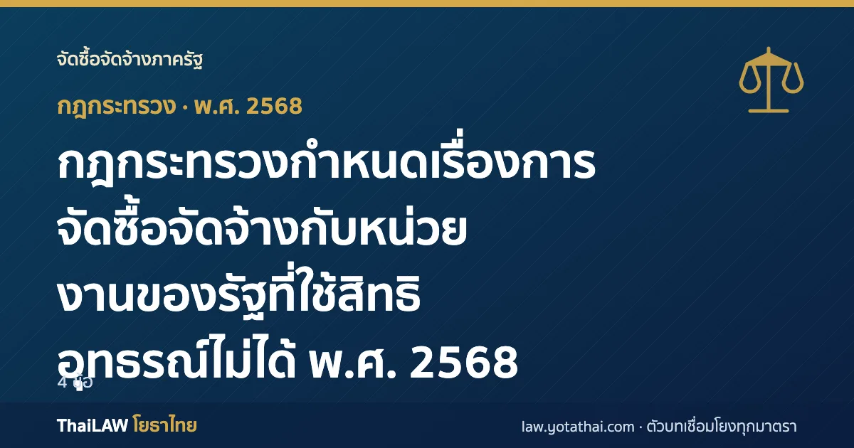 ปกกฎหมาย: กฎกระทรวงกำหนดเรื่องการจัดซื้อจัดจ้างกับหน่วยงานของรัฐที่ใช้สิทธิอุทธรณ์ไม่ได้ พ.ศ. 2568 — กฎกระทรวง 4 ข้อ