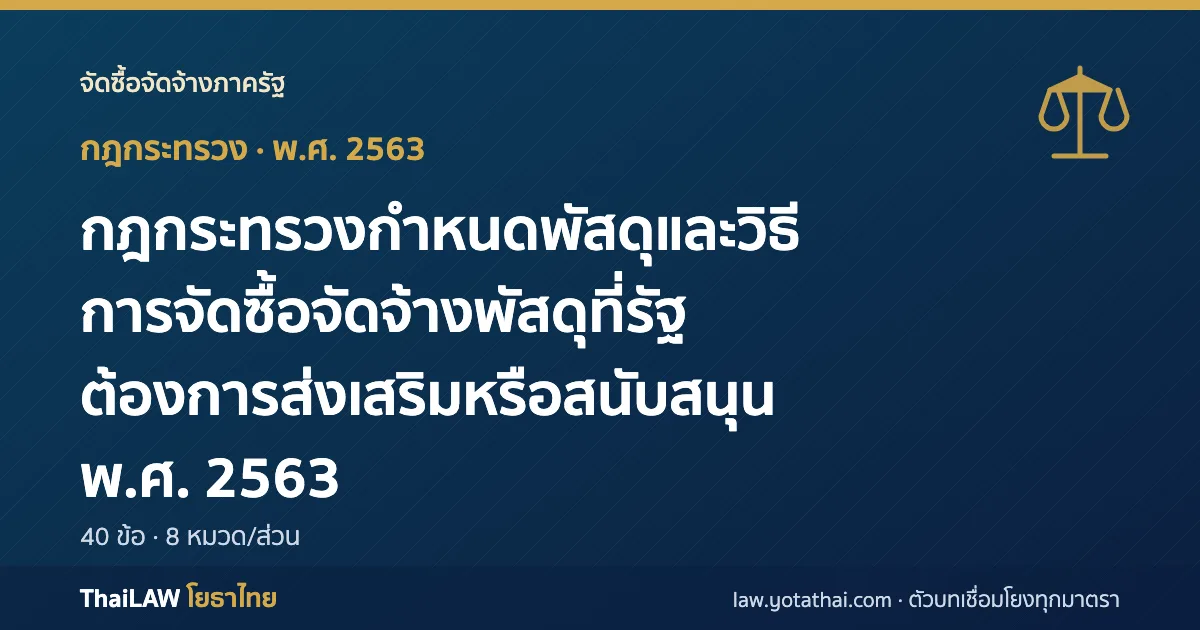 ปกกฎหมาย: กฎกระทรวงกำหนดพัสดุและวิธีการจัดซื้อจัดจ้างพัสดุที่รัฐต้องการส่งเสริมหรือสนับสนุน พ.ศ. 2563 — กฎกระทรวง 40 ข้อ